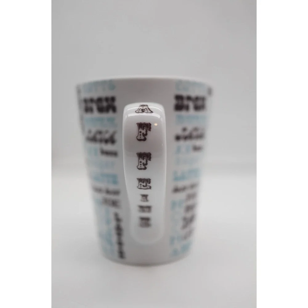 Jonathan Adler Barnes & Noble Coffee Mug | Blue & Brown Typography | Word Cloud